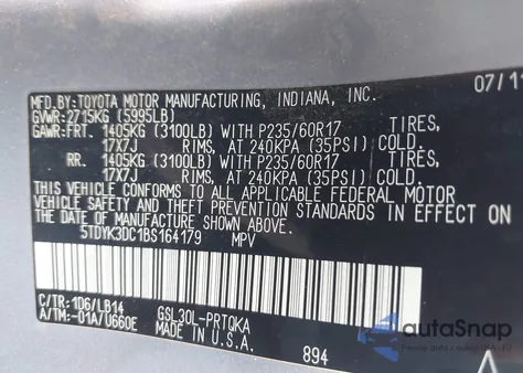 2011 Toyota Sienna Xle V6 z USA, uszkodzony, nr VIN 5TDYK3DC1BS164179